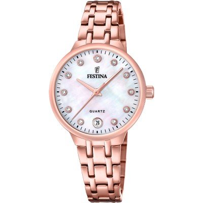 Festina Orologio Da Donna F20701/4 - Cassa In Acciaio Con Zirconi, Cinturino In Pelle, Quadrante Bianco, Vetro Minerale, Impermeabile 5 ATM