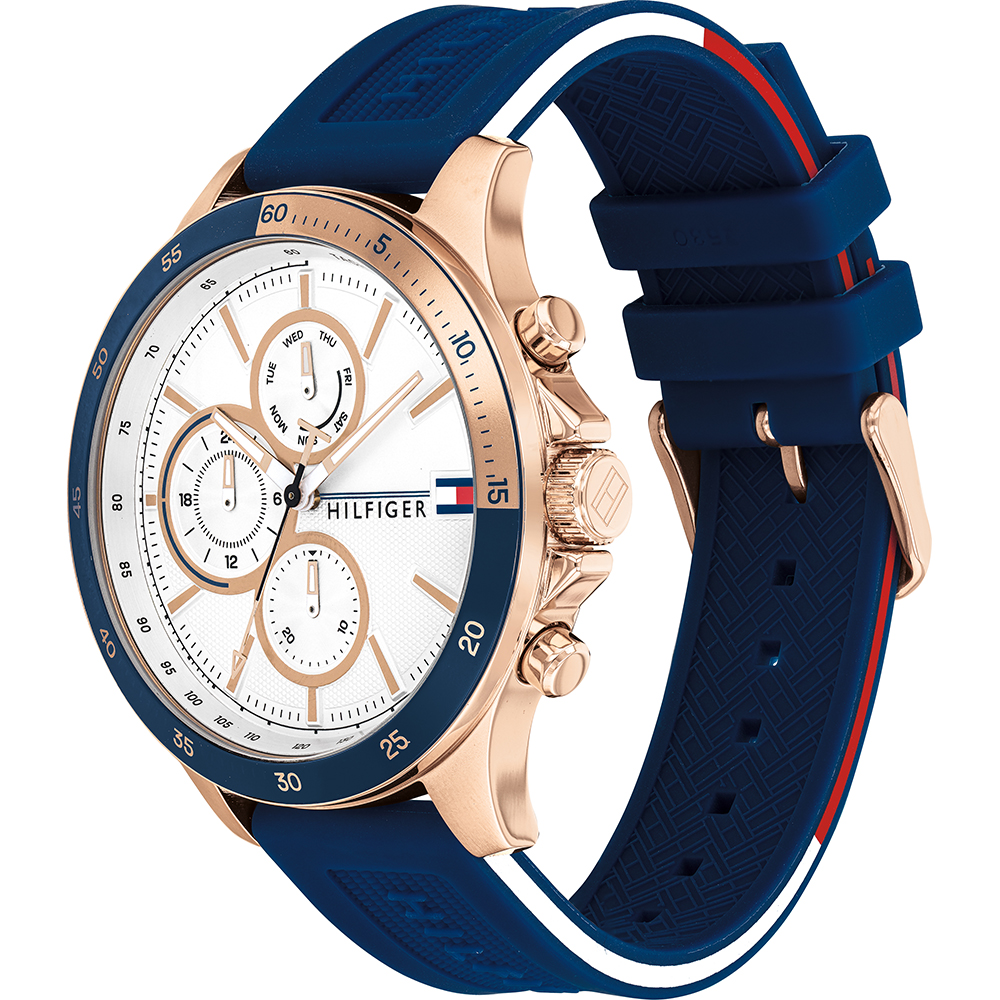 gold and blue tommy hilfiger watch